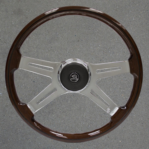 VIP39 FREIGHTLINER 18" diameter, genuine mahogany, 4-spoke wheel. Spokes are chrome plated with slots. (Do not use as grab handle)